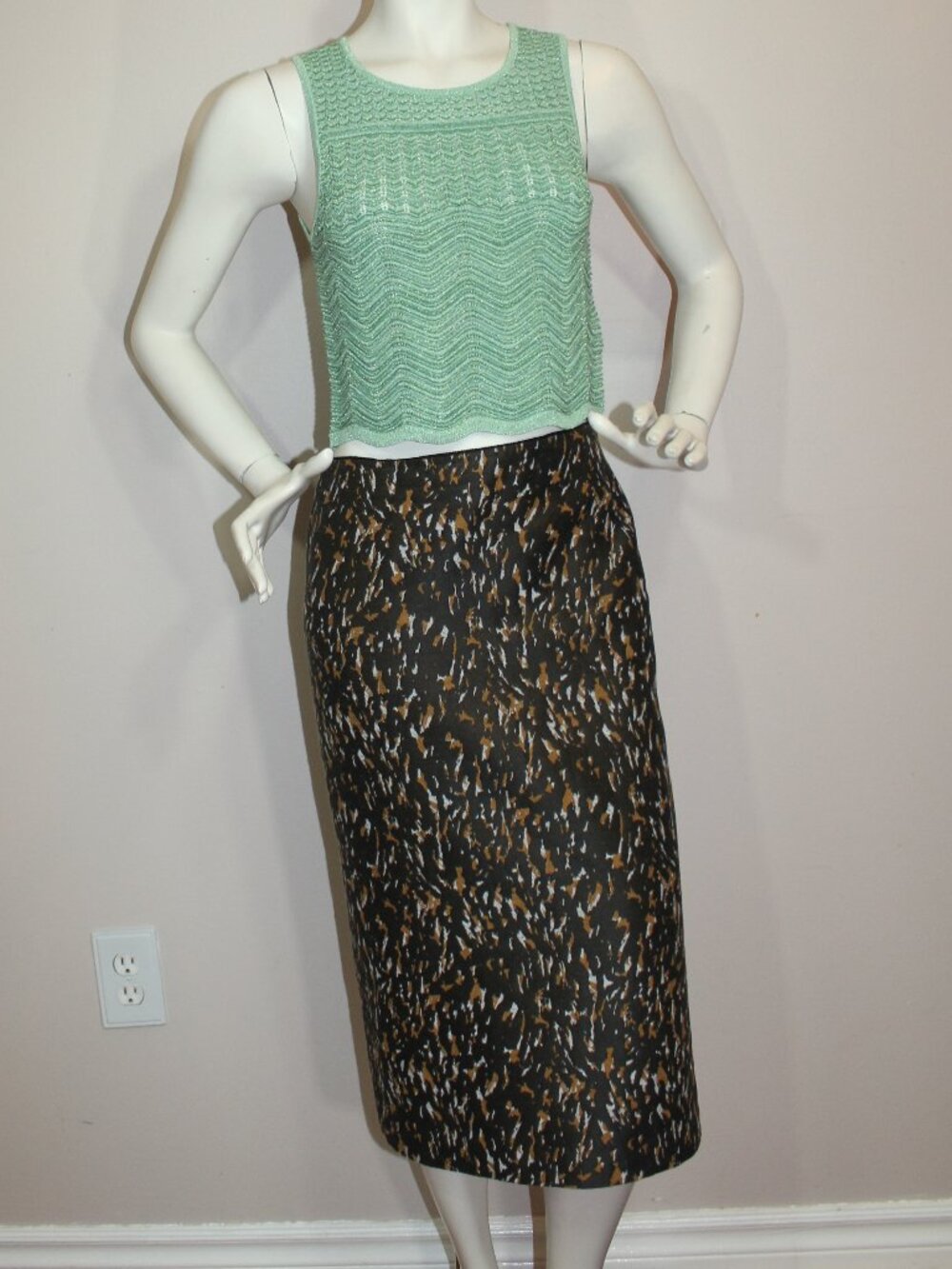 Lafayette 148 Brown tan  print midi lined pencil  skirt  woman's size 4